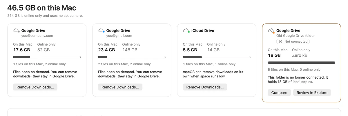 Cloud: account cards with local and online sizes